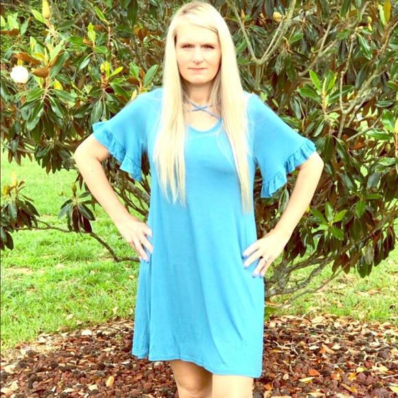 Blue criss cross neckline dress ruffle sleeve - Picture 1 of 2
